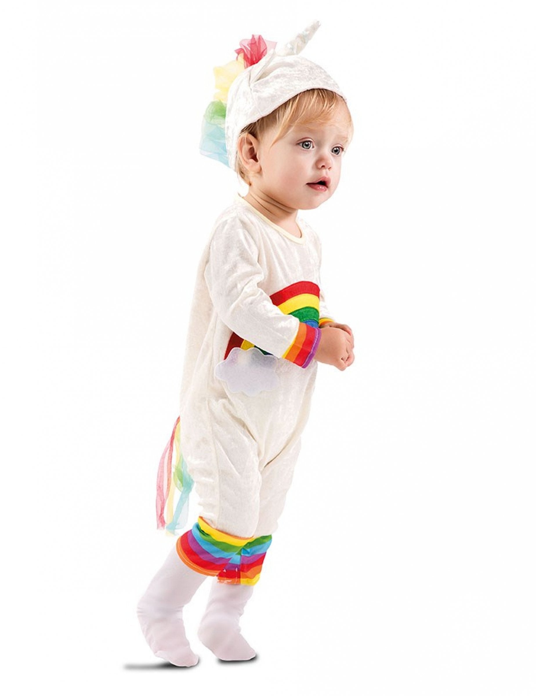 Vue de profil du déguisement combinaison licorne pour bébé