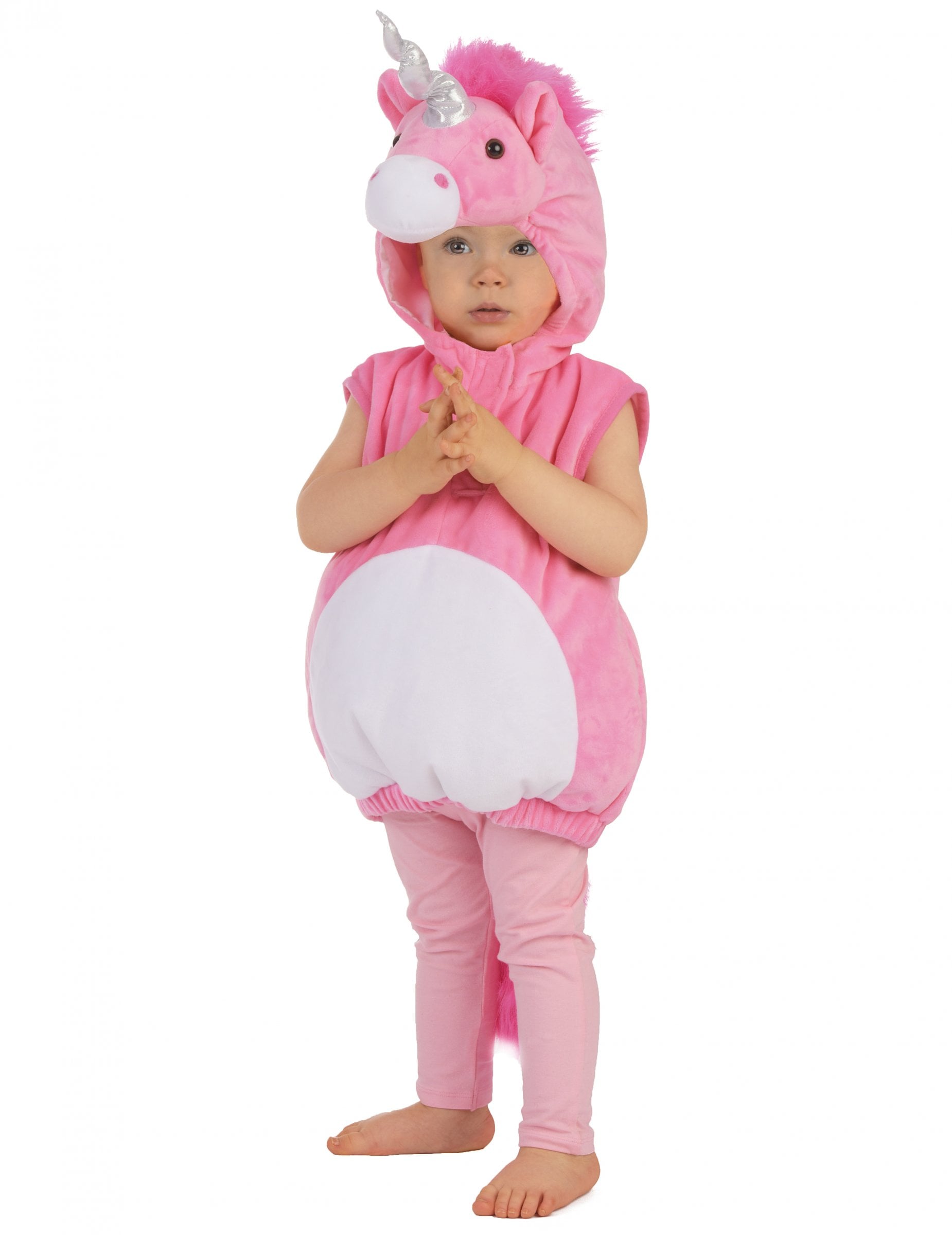Déguisement de licorne pour enfant rose avec capuche pelucheuse et corne argentée