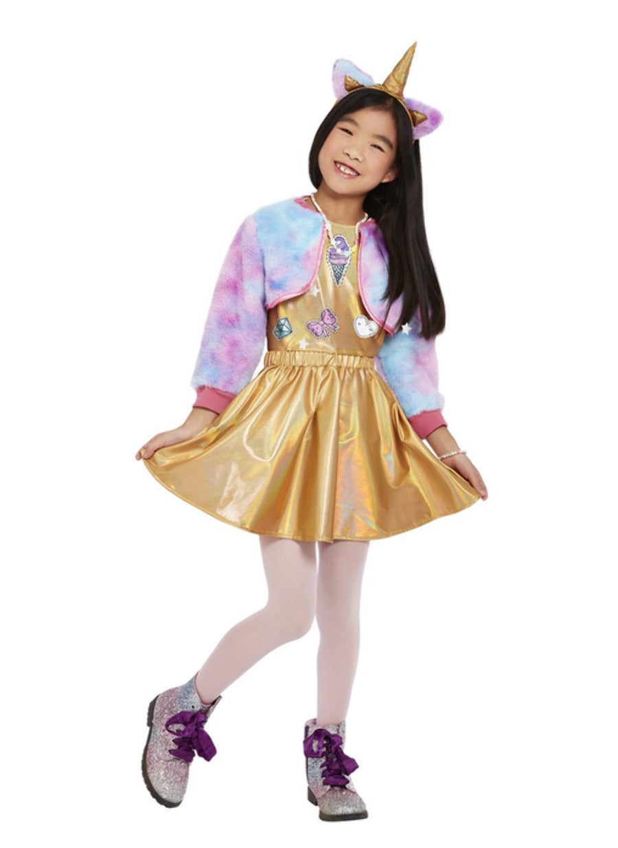 Déguisement de licorne pour fille or avec veste peluche multicolore et serre-tête