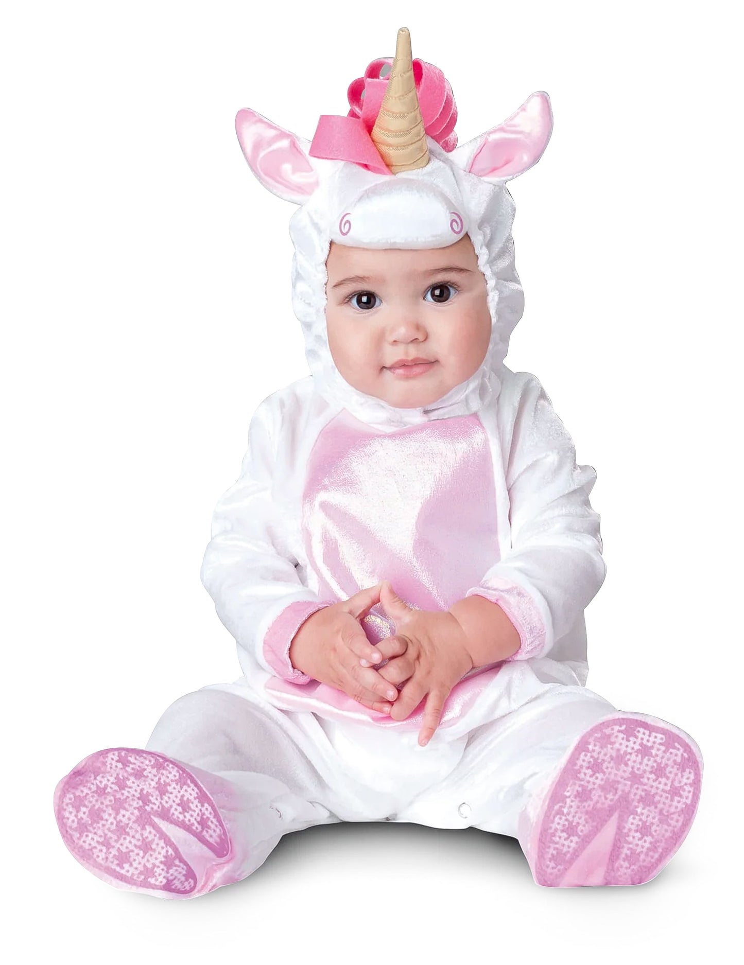 Déguisement licorne pour bébé blanc et rose avec corne dorée