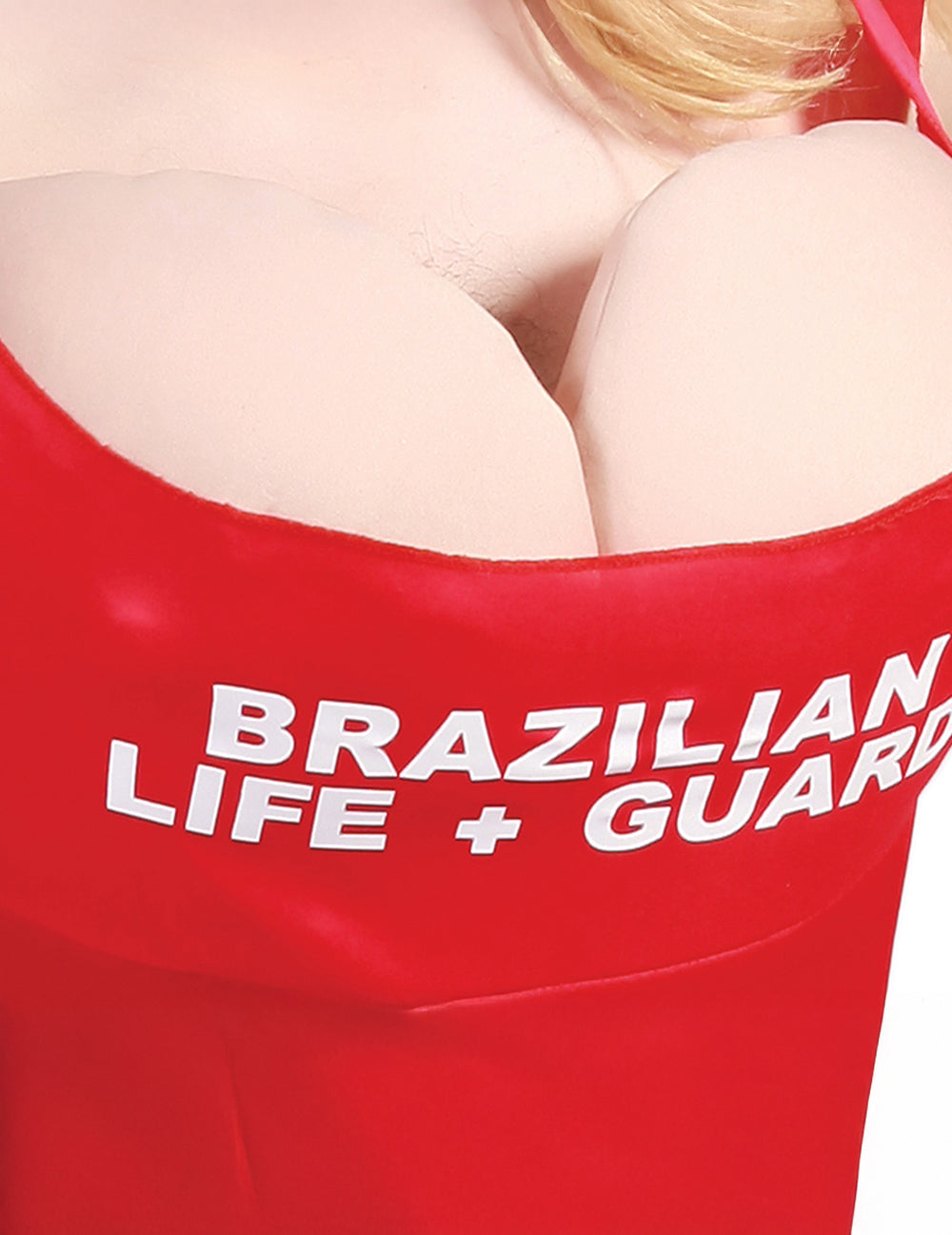 Détail du buste avec inscription du déguisement lifeguard humoristique