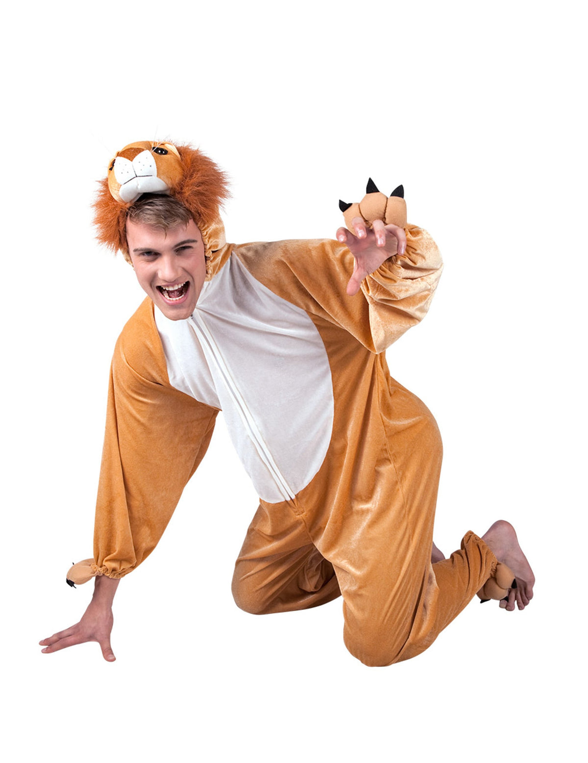 Détail de la capuche tête de lion et des griffes du déguisement lion combinaison