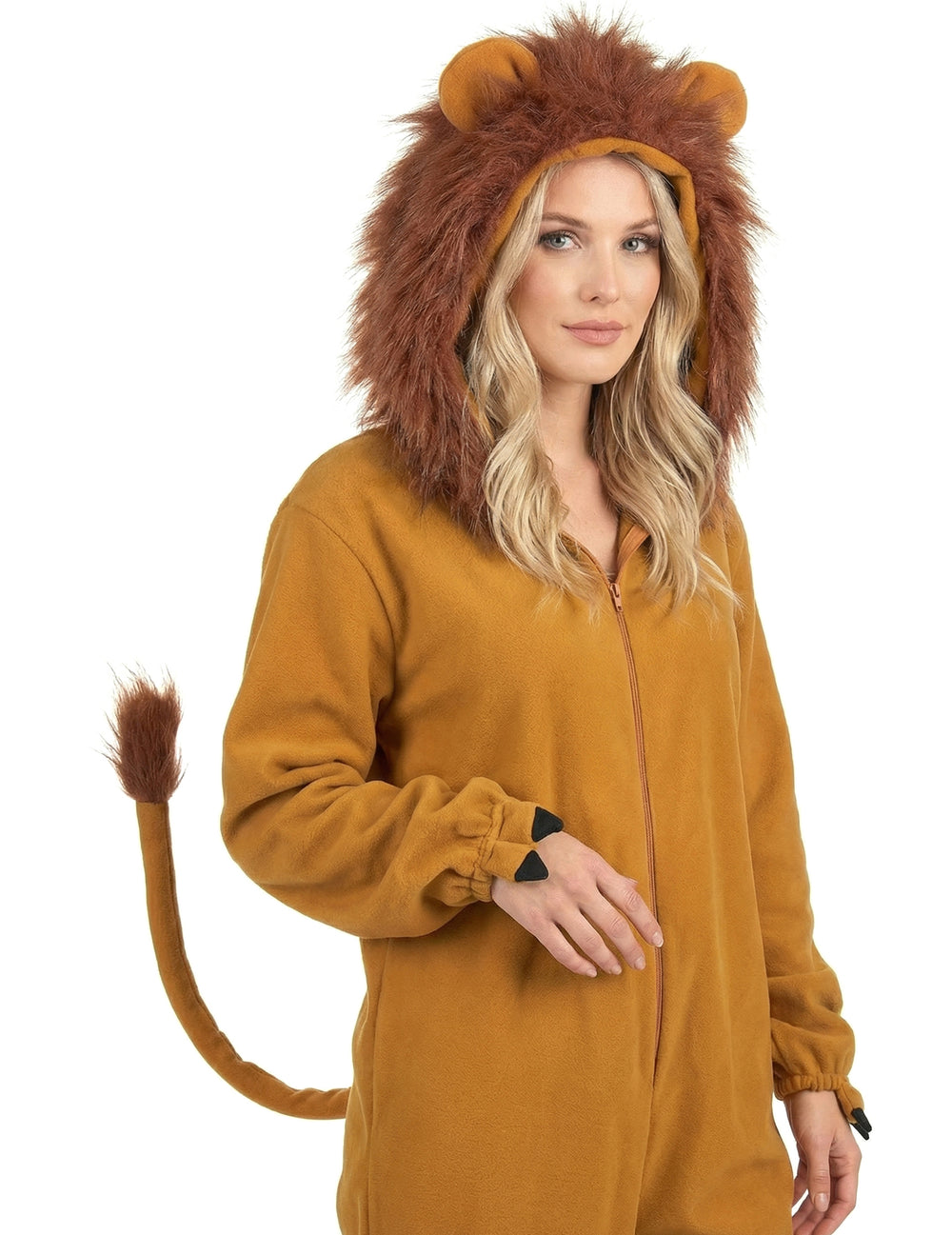 Détail de la capuche et de la queue du déguisement lion fauve pour femme