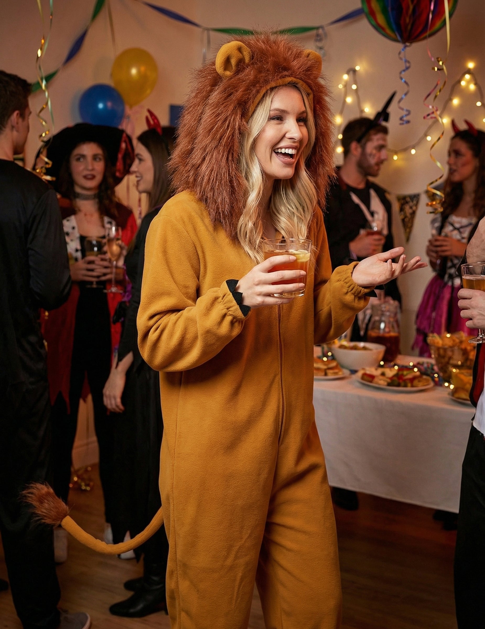 Mise en situation festive du déguisement lion fauve pour femme