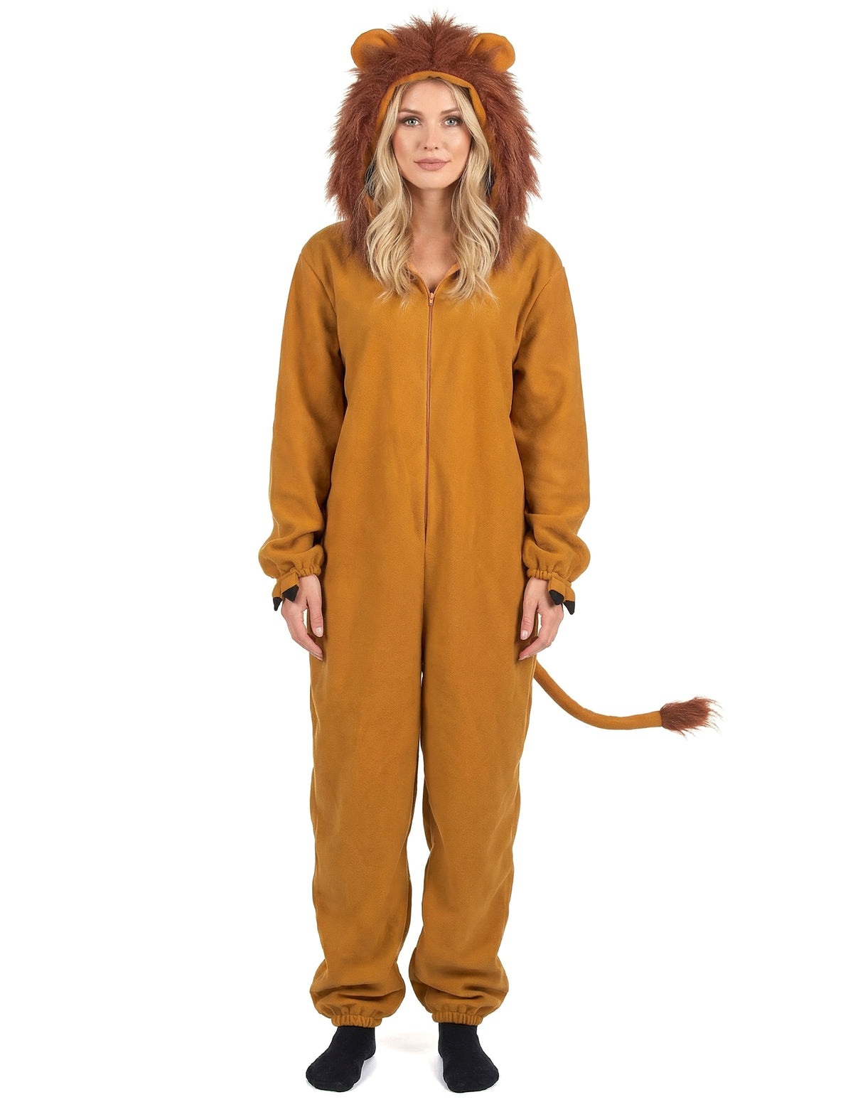 Vue de face du déguisement lion fauve pour femme