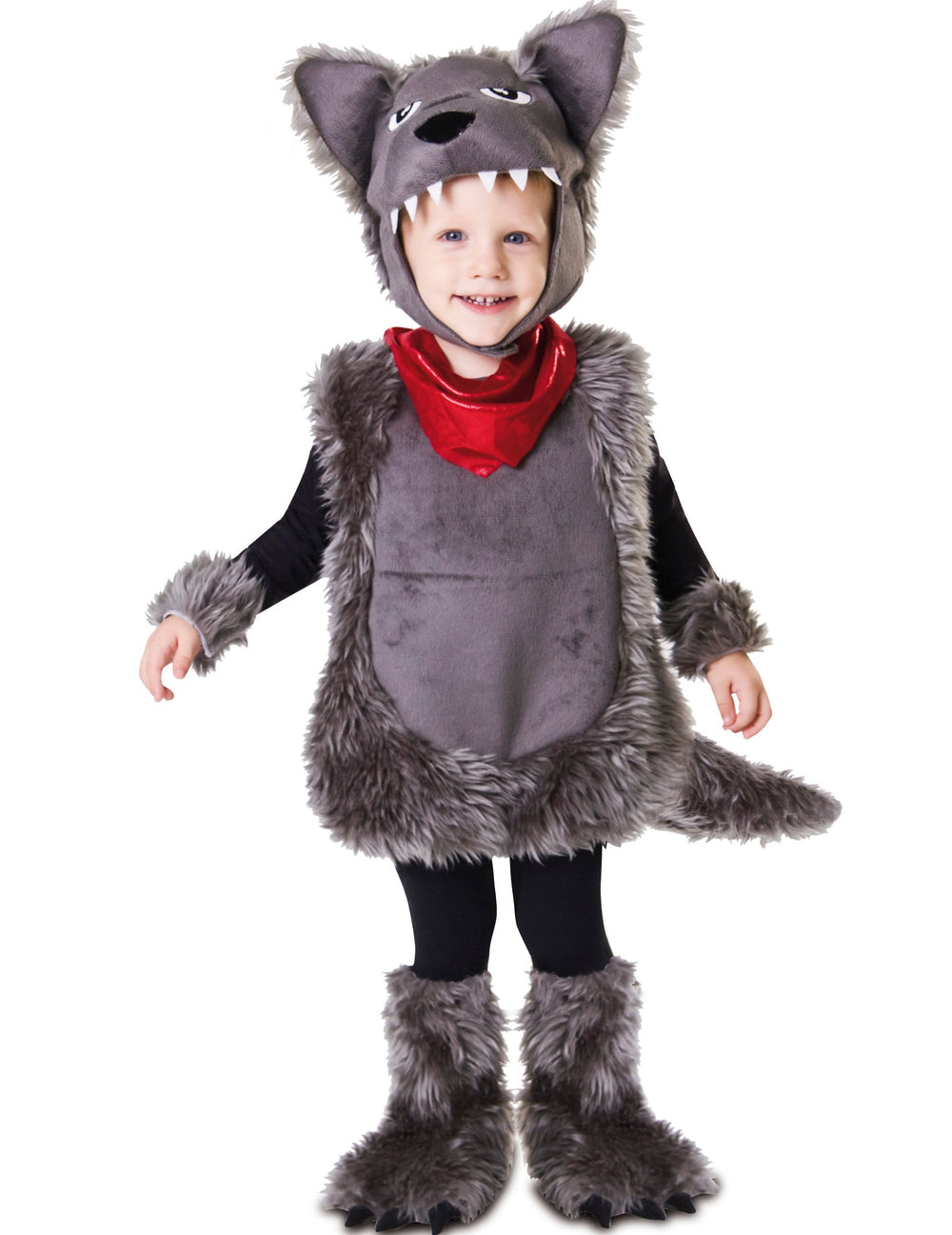 Déguisement loup pour enfant gris à poils avec foulard rouge