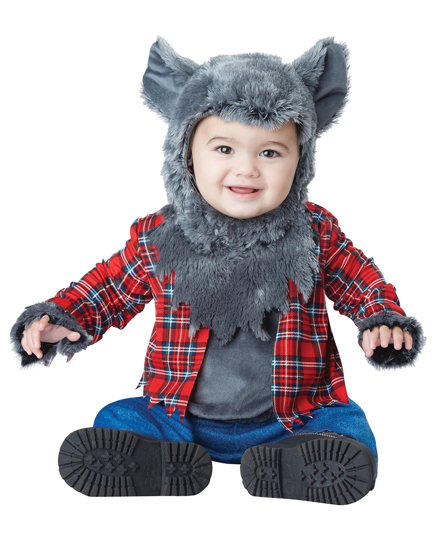 Déguisement loup garou luxe pour bébé rouge à carreaux et gris poilu