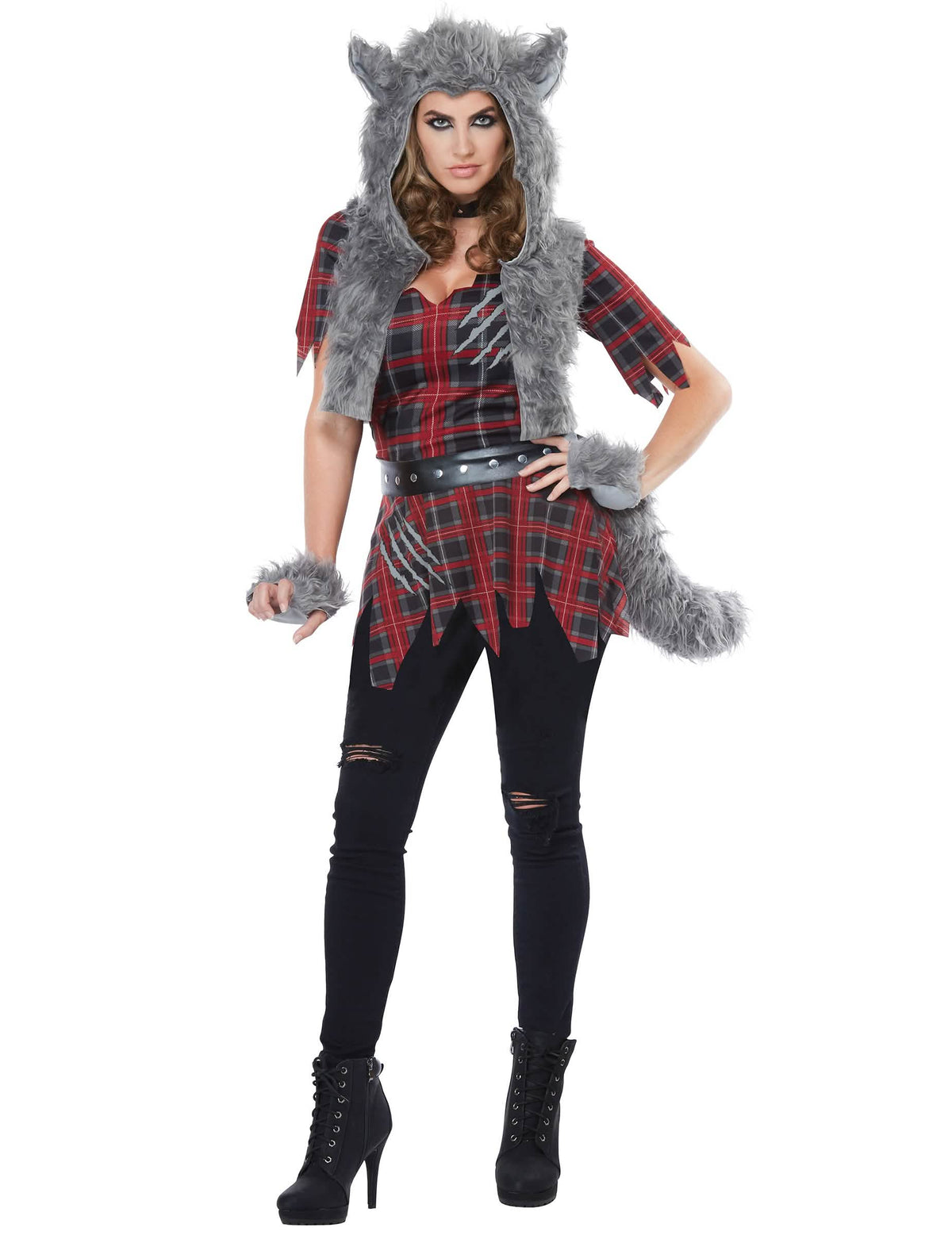 Fato de lobo-garou de luxo para mulher vermelho e cinzento com capuz em pele sintética