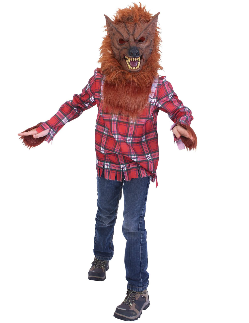 Fato de lobo-garou para menino com máscara peluda e camisa xadrez vermelho