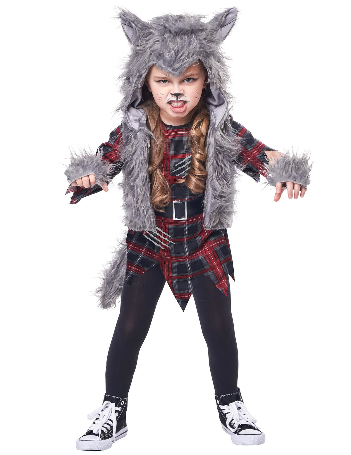 Fato de lobisomem para menina cinzento luxo com vestido aos quadrados e pele sintética