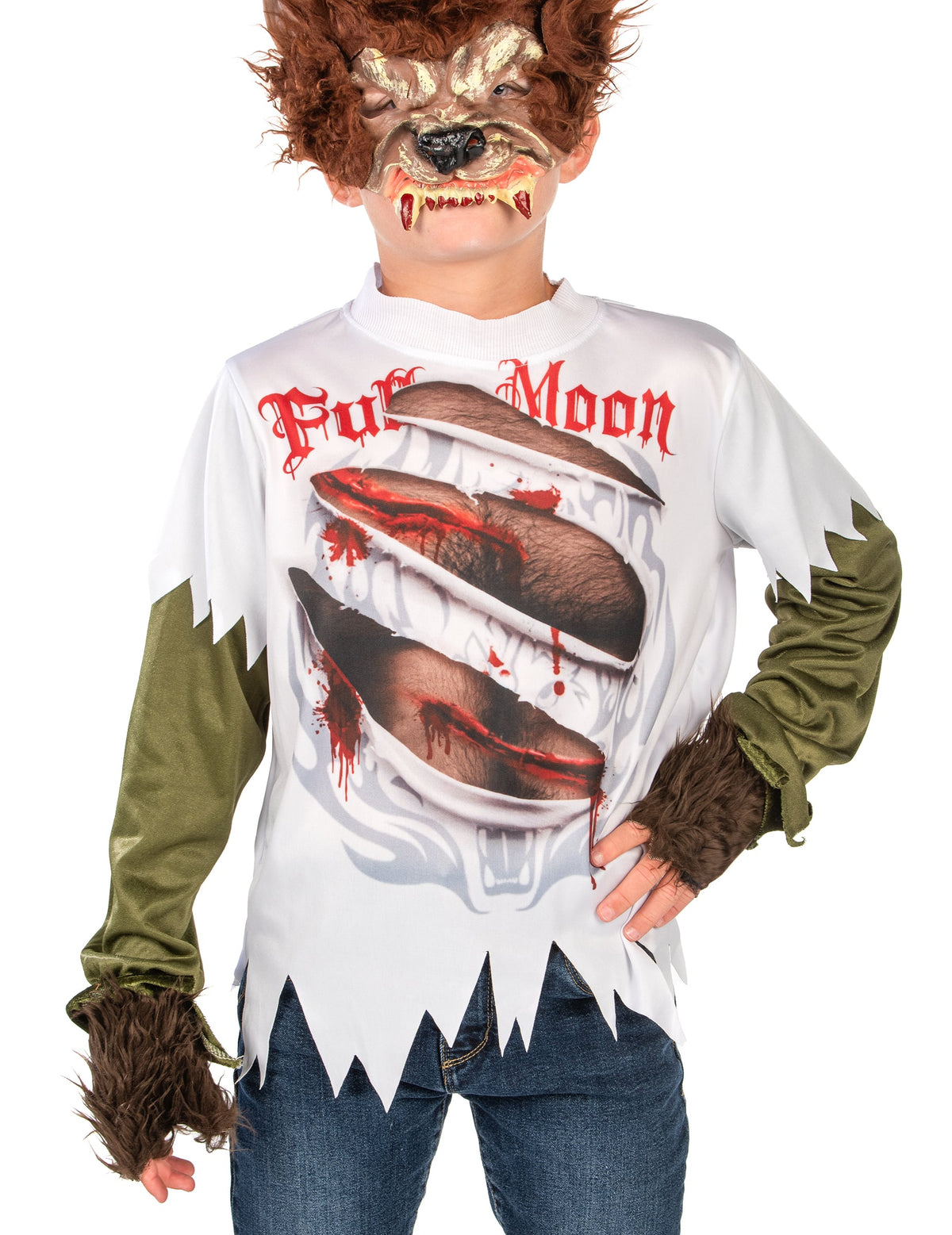 Détail du masque et du t-shirt du déguisement de loup-garou pour enfant
