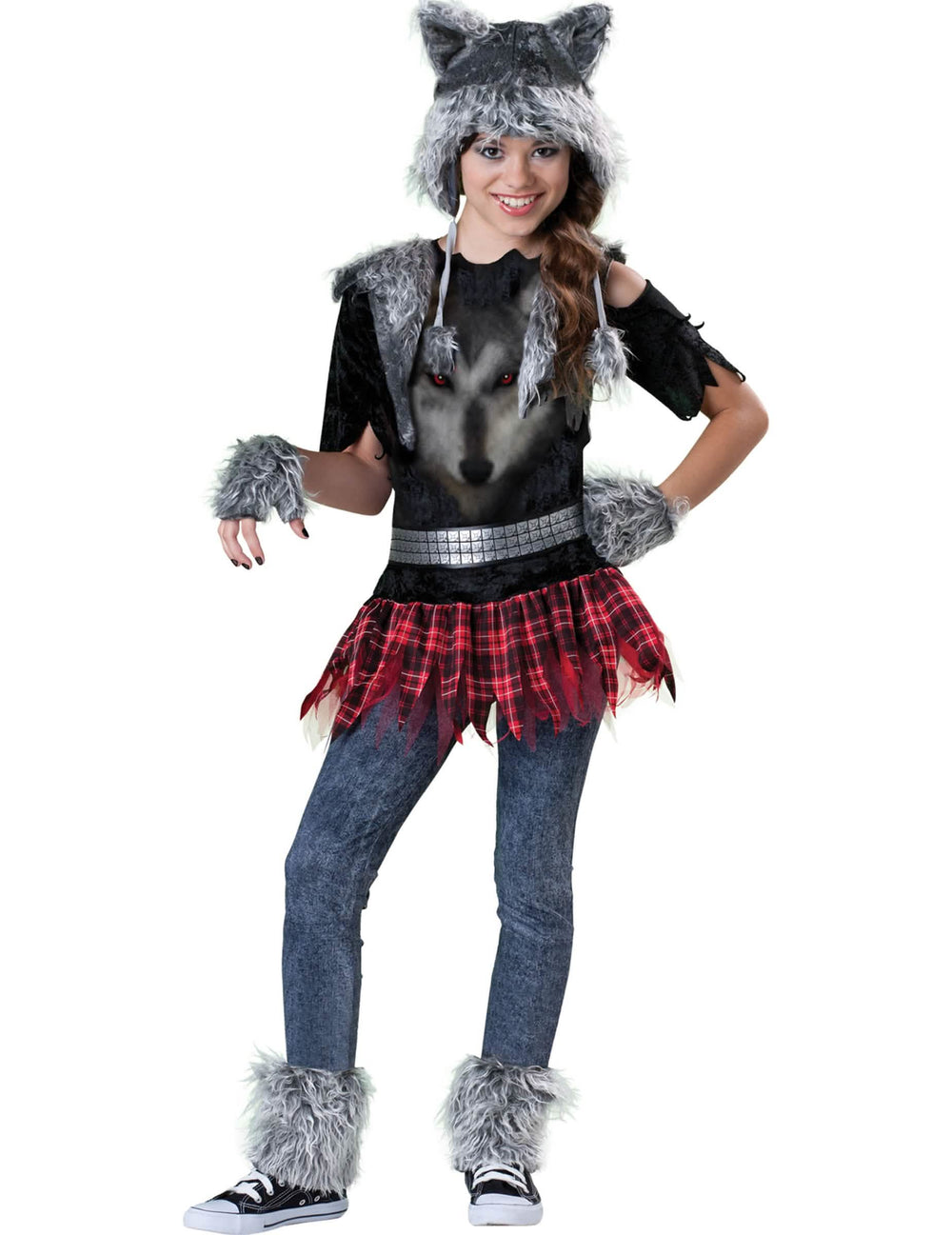 Déguisement loup pour fille gris et rouge avec jupe à carreaux et bonnet en fausse fourrure