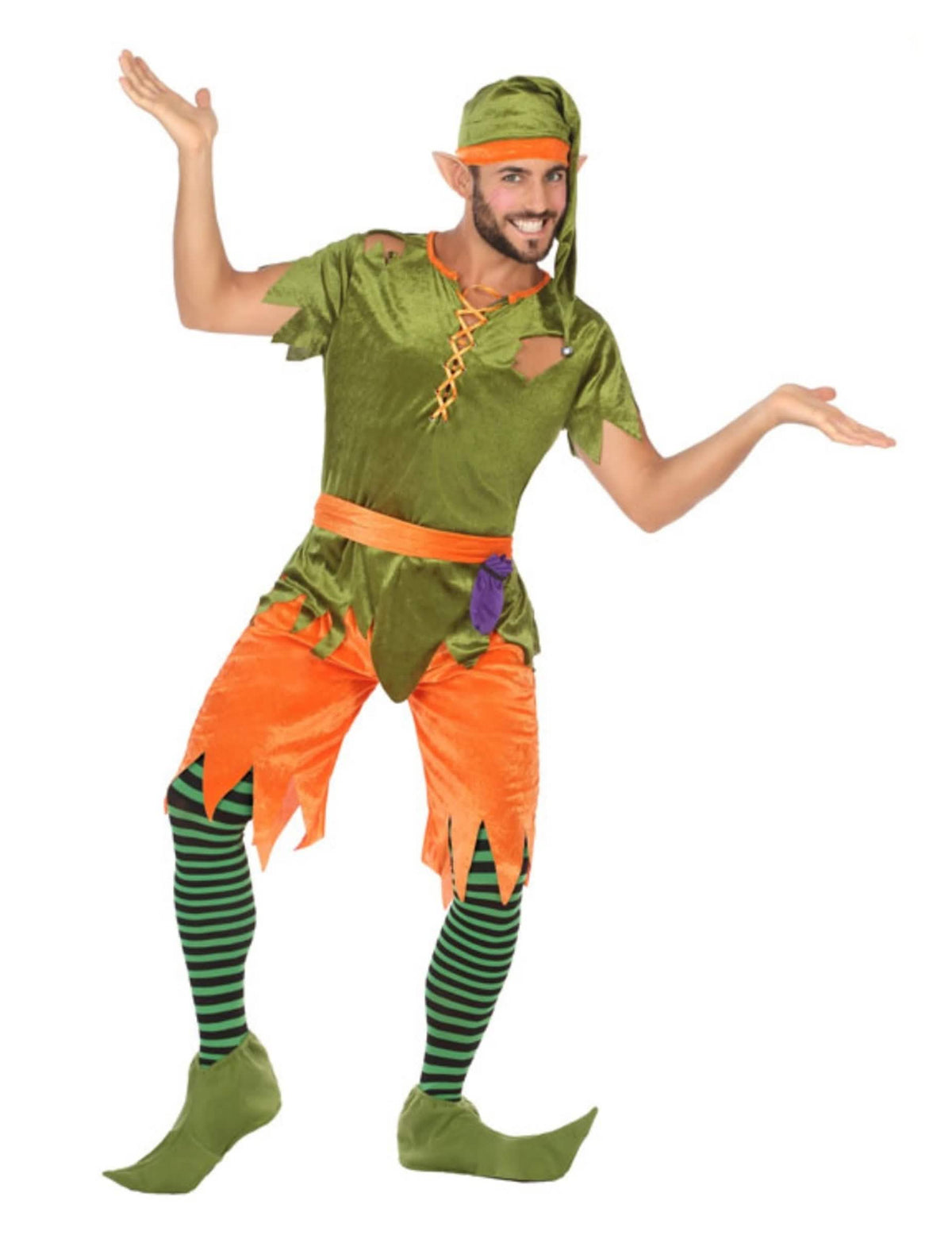 Disfarce de duende da floresta para homem verde e cor de laranja com gorro e collants às riscas