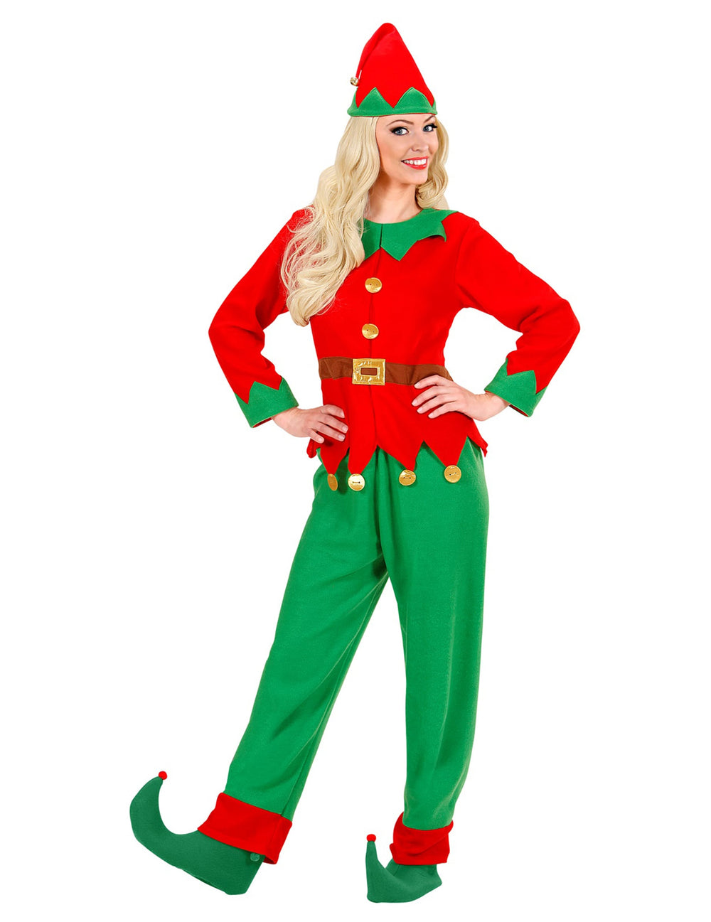 Déguisement de lutin du Père Noël pour femme rouge et vert avec bonnet et surchaussures