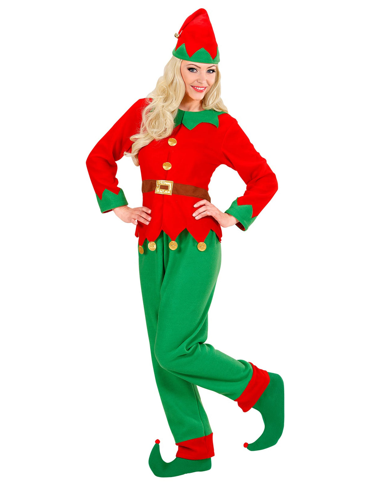 Vue de face du déguisement de lutin du Père Noël pour femme