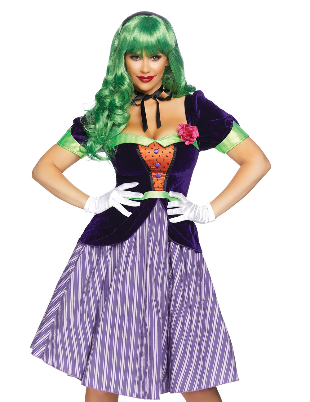 Déguisement luxe babydoll de bande dessinée pour femme violet et vert à rayures