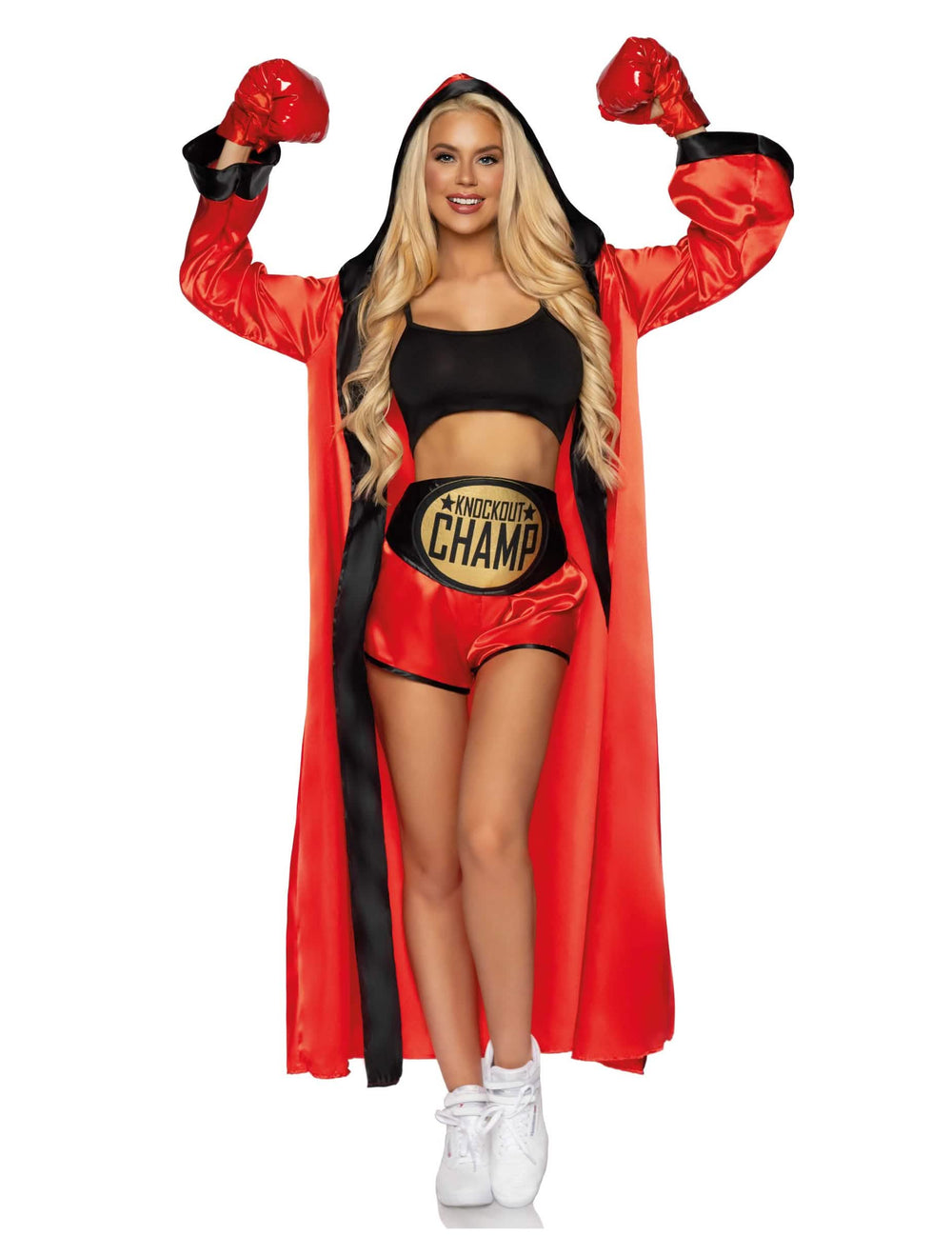 Fato de boxeadora para mulher vermelho com roupão e luvas