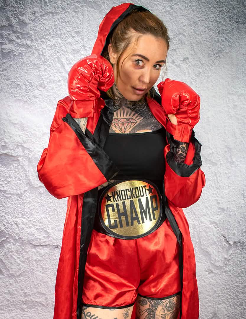 Fato de luxo de boxeadora para mulher vermelho com robe e luvas de boxe
