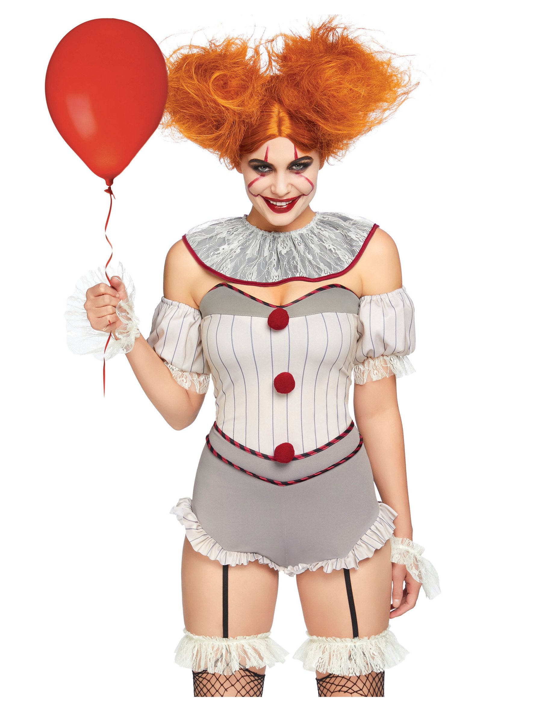 Déguisement luxe de clownette tueuse sexy pour femme gris et blanc avec ballon rouge