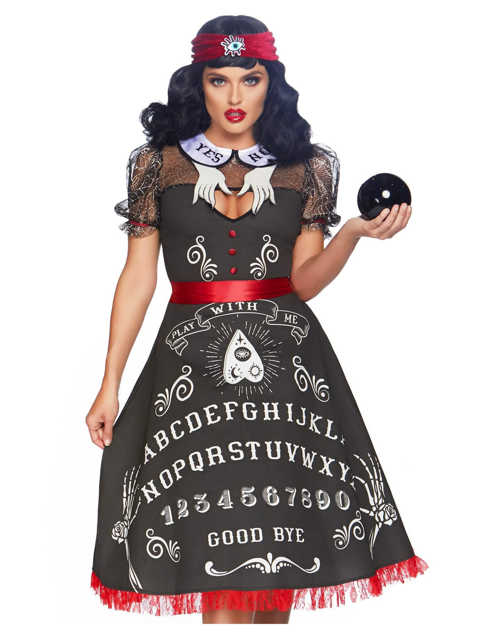 Fato de luxo de cartomante para mulher preto e vermelho com motivos de tabuleiro Ouija