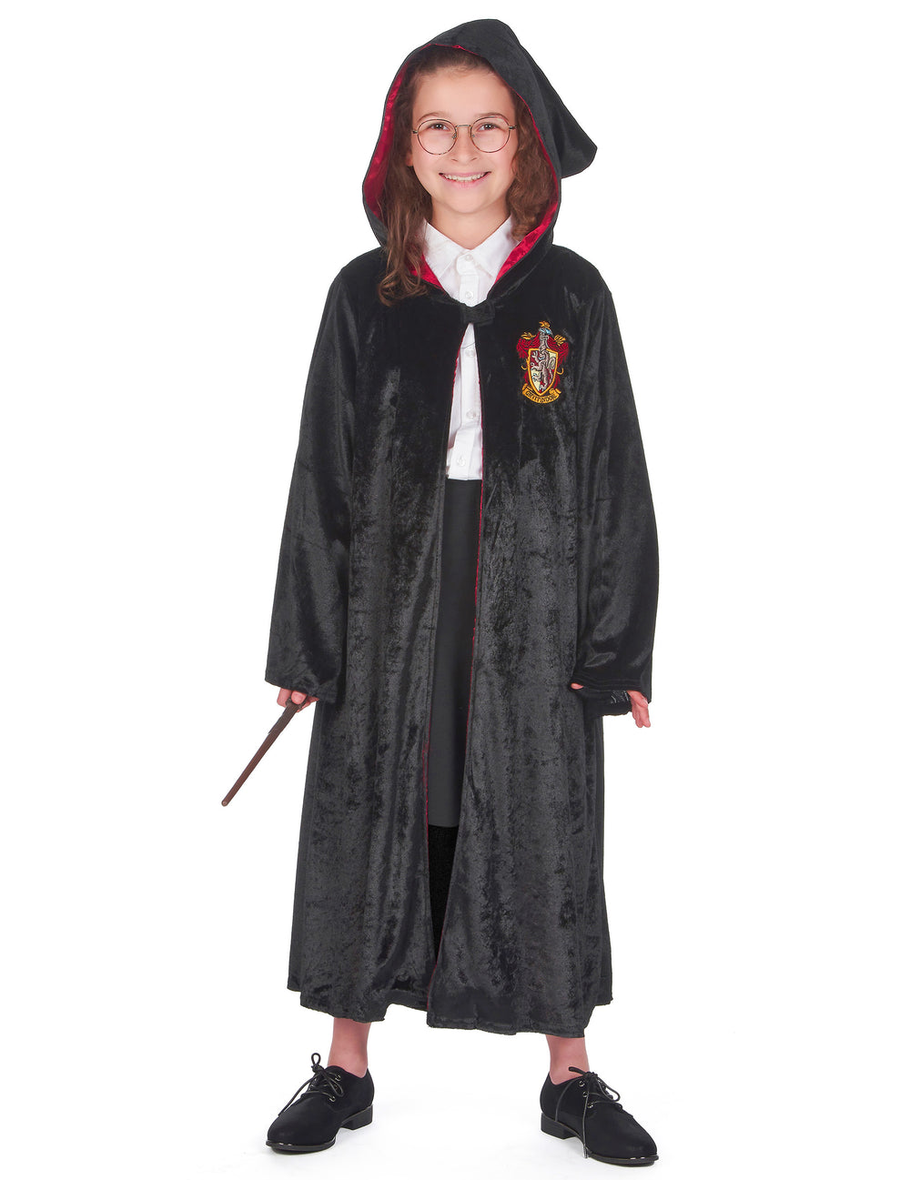 Vue de face avec capuche relevée du déguisement luxe robe Harry Potter pour enfant