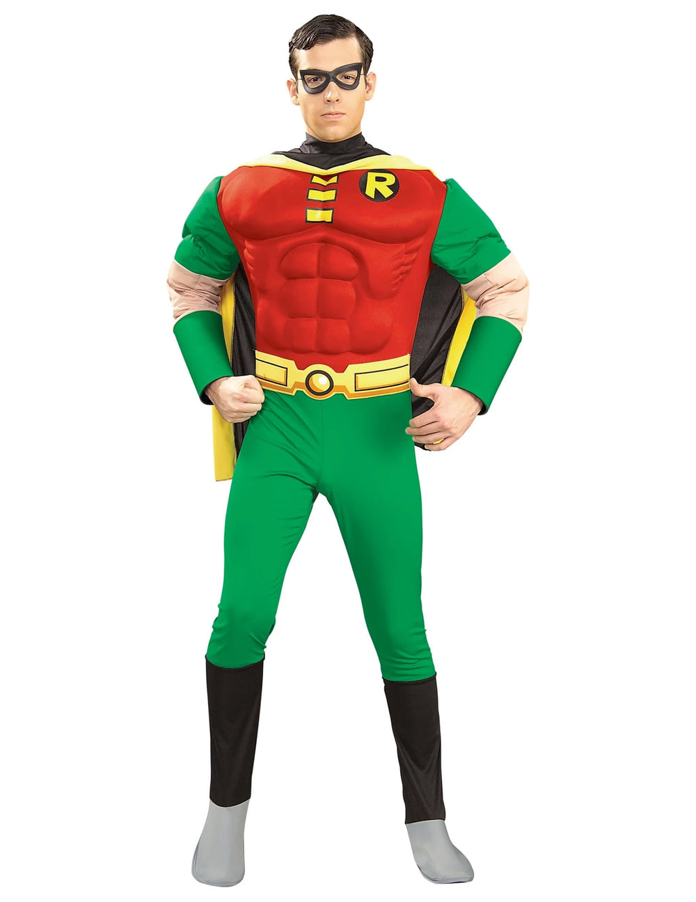 Déguisement de luxe Robin pour homme rouge et vert avec torse musclé rembourré