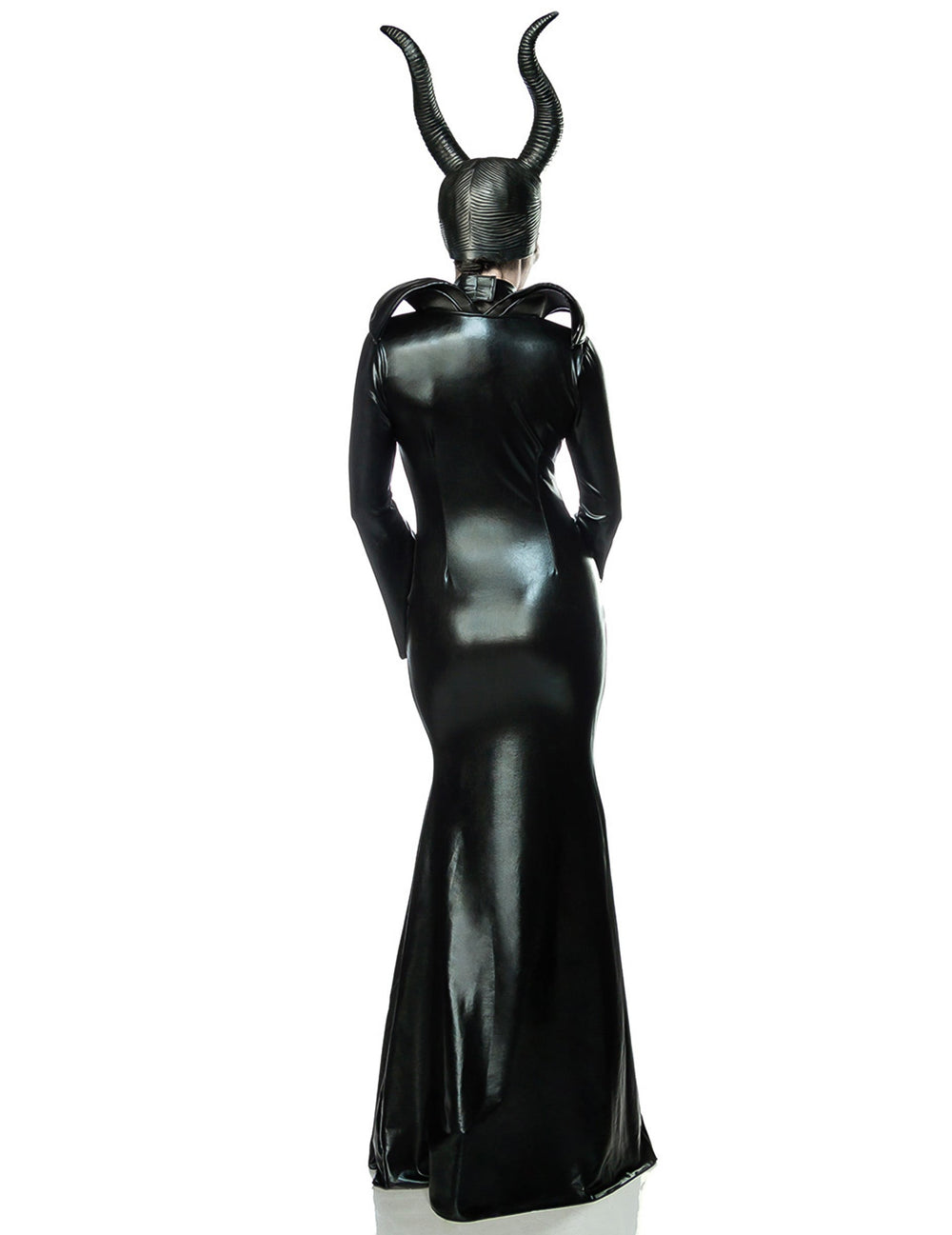 Vue de dos de la robe longue du déguisement luxe sorcière noire