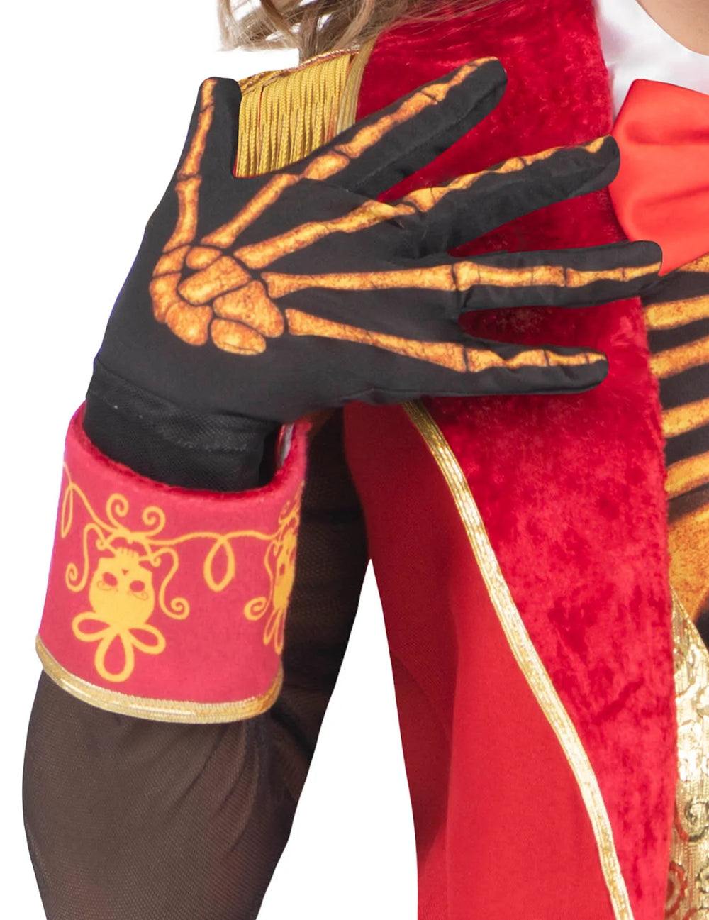 Détail du gant squelette et de la manchette du déguisement de Madame Loyal squelette pour fille