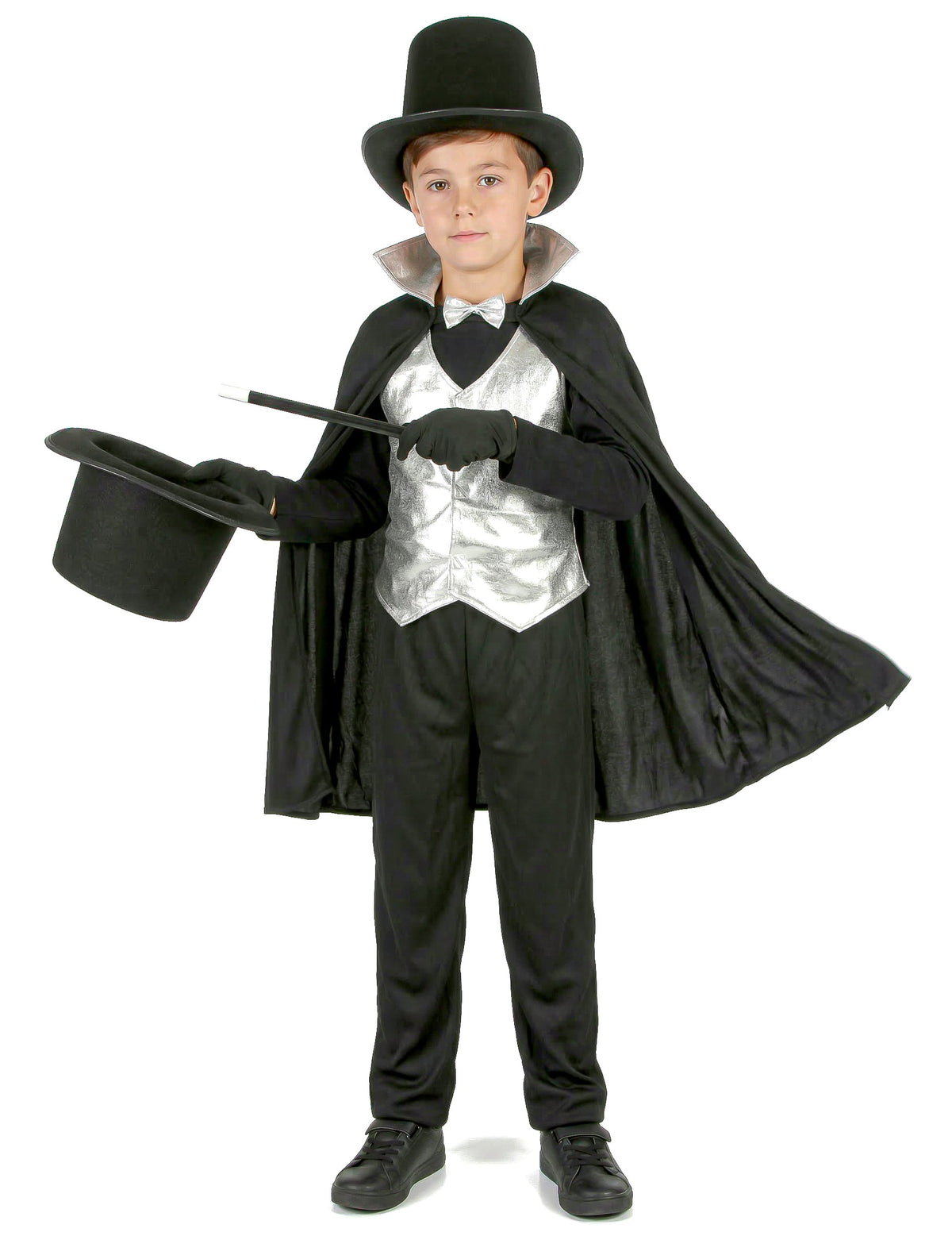 Déguisement de magicien pour garçon noir et argent avec cape et chapeau
