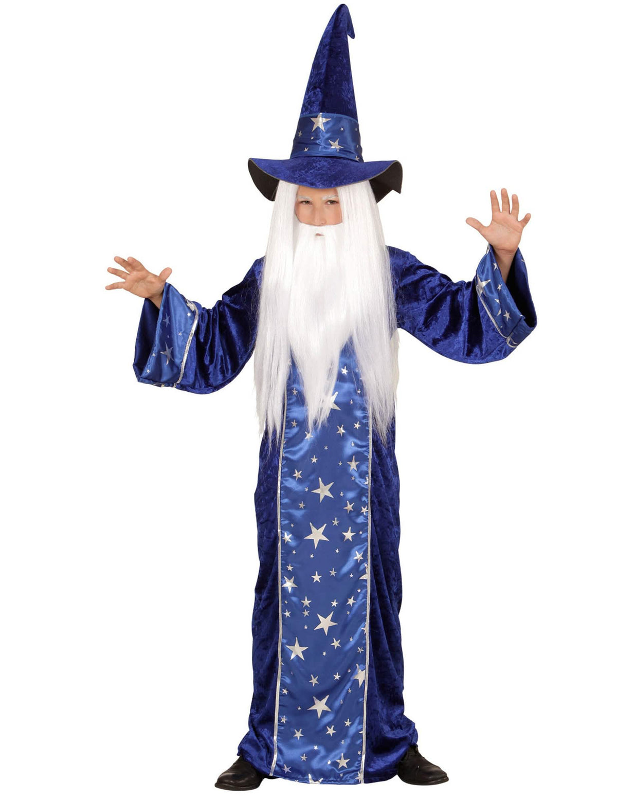 Fato de mago estrelado para criança azul com chapéu e barba branca