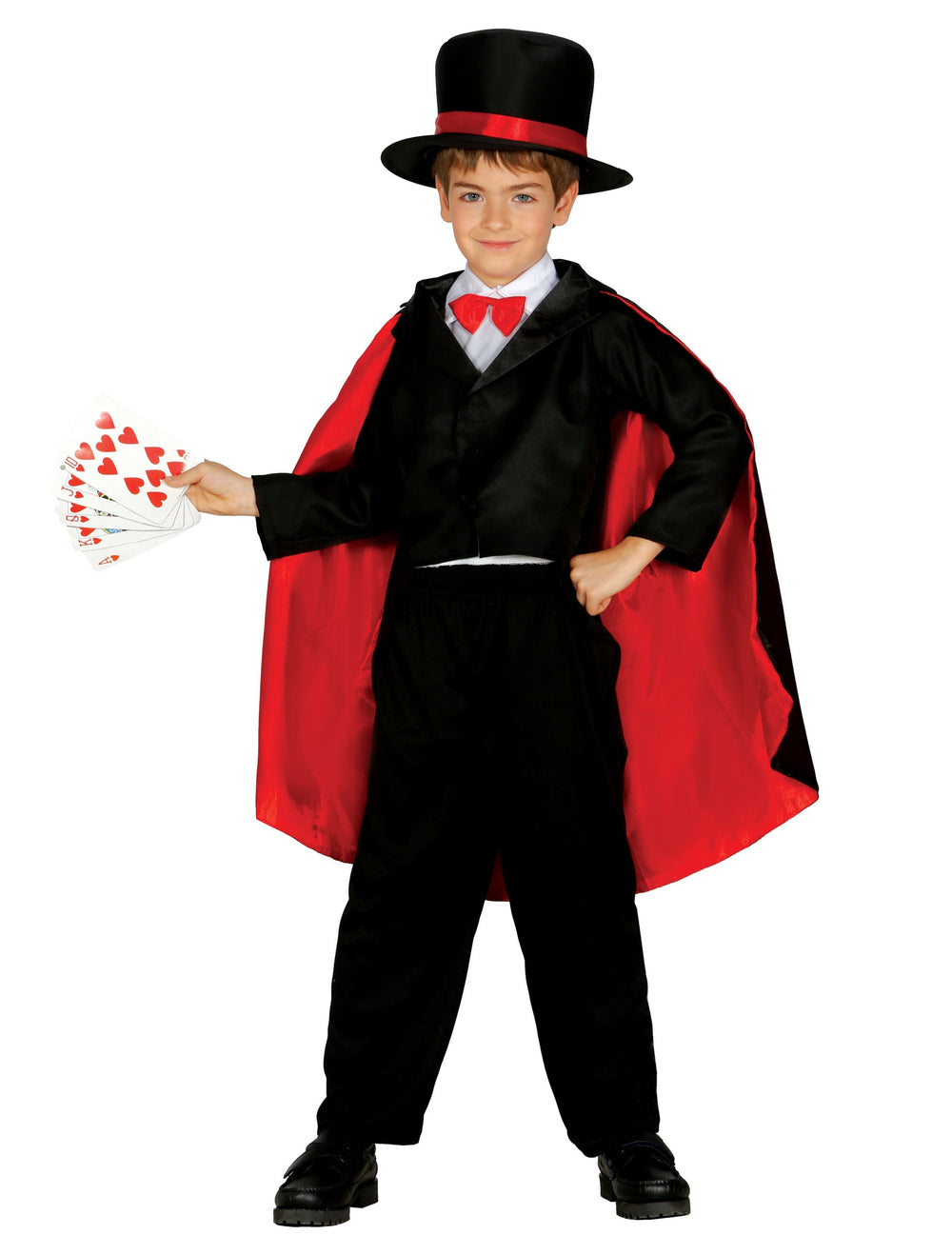 Déguisement de magicien pour garçon noir et rouge à effet satin avec chapeau haut-de-forme
