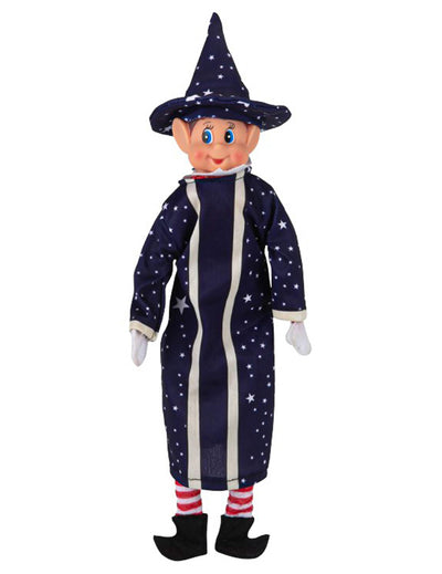 Fato de mago para boneca duende traquina azul-marinho com padrões de estrelas e chapéu pontiagudo