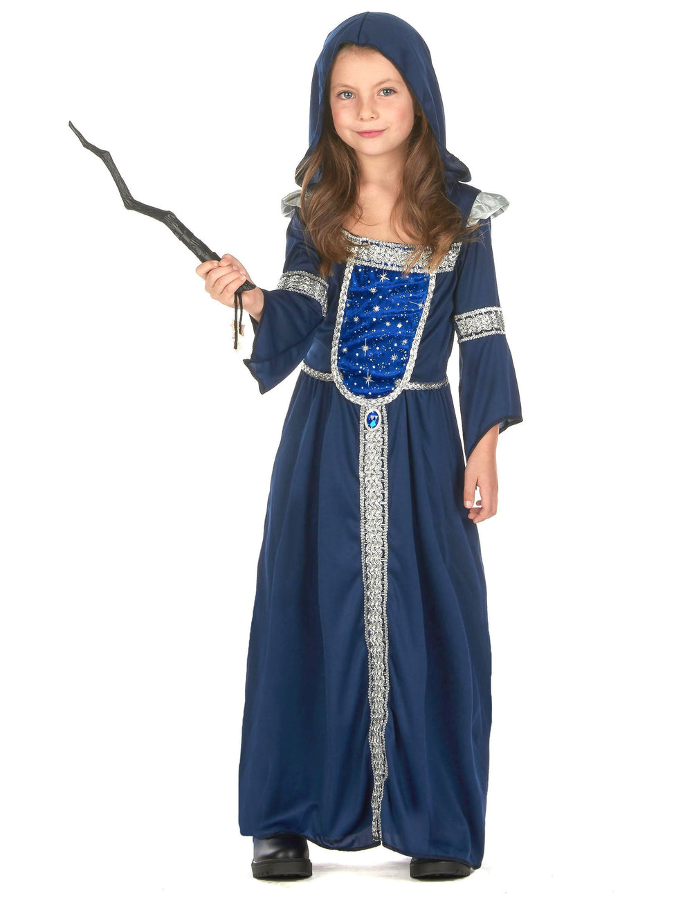 Déguisement de magicienne pour fille bleu nuit avec capuche