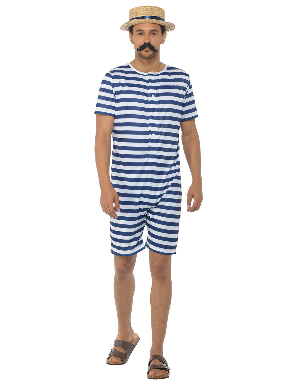 Déguisement maillot de bain rétro pour homme rayé bleu et blanc avec chapeau et moustache