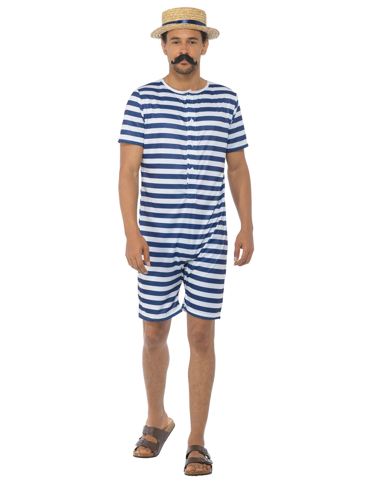 Déguisement maillot de bain rétro pour homme rayé bleu et blanc avec chapeau et moustache