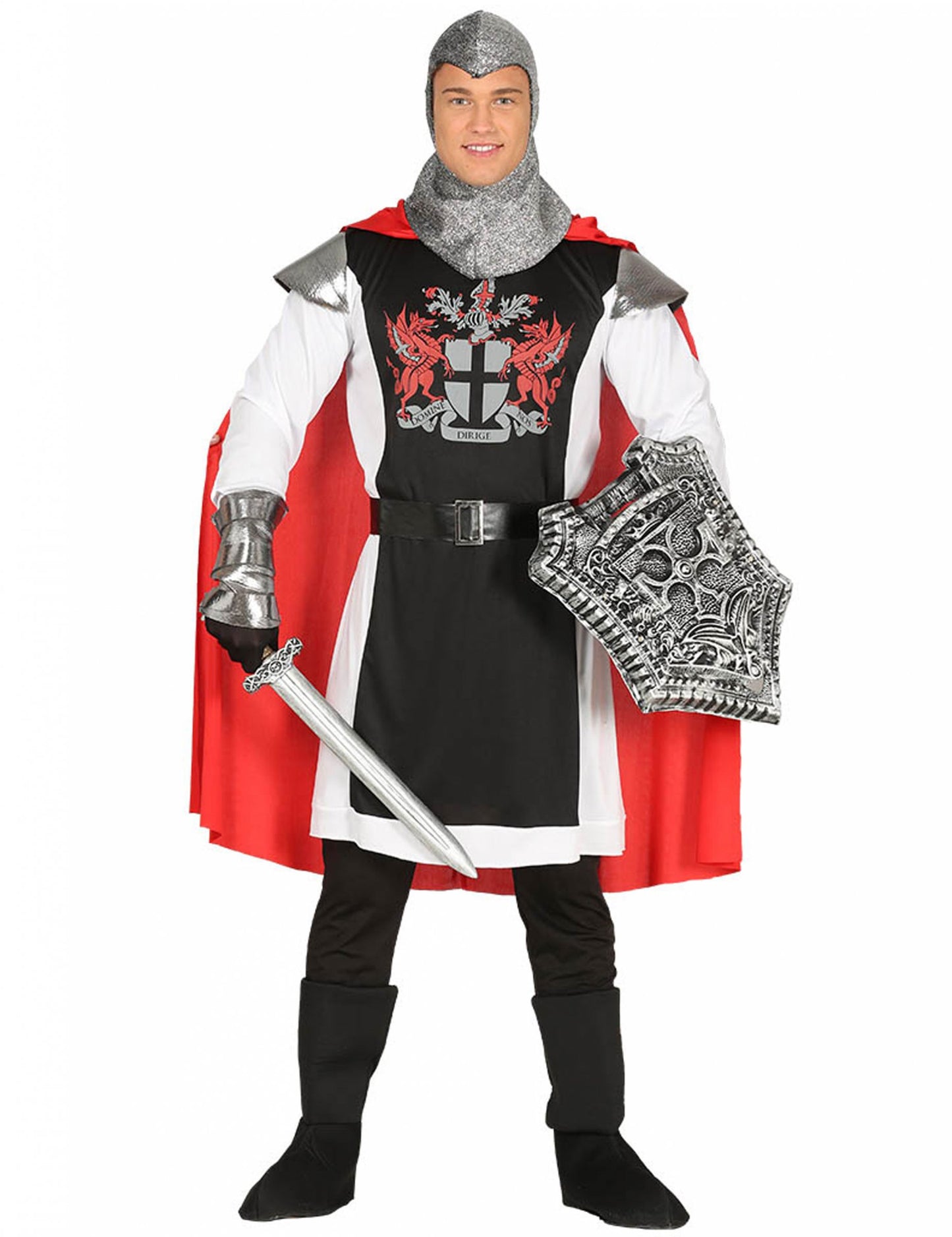 Déguisement maître chevalier pour homme noir et blanc avec cape rouge et cagoule argentée