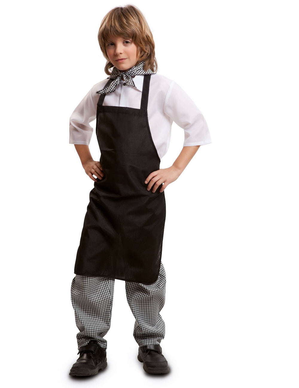 Déguisement marchand de châtaignes pour garçon noir et blanc avec tablier et pantalon à carreaux