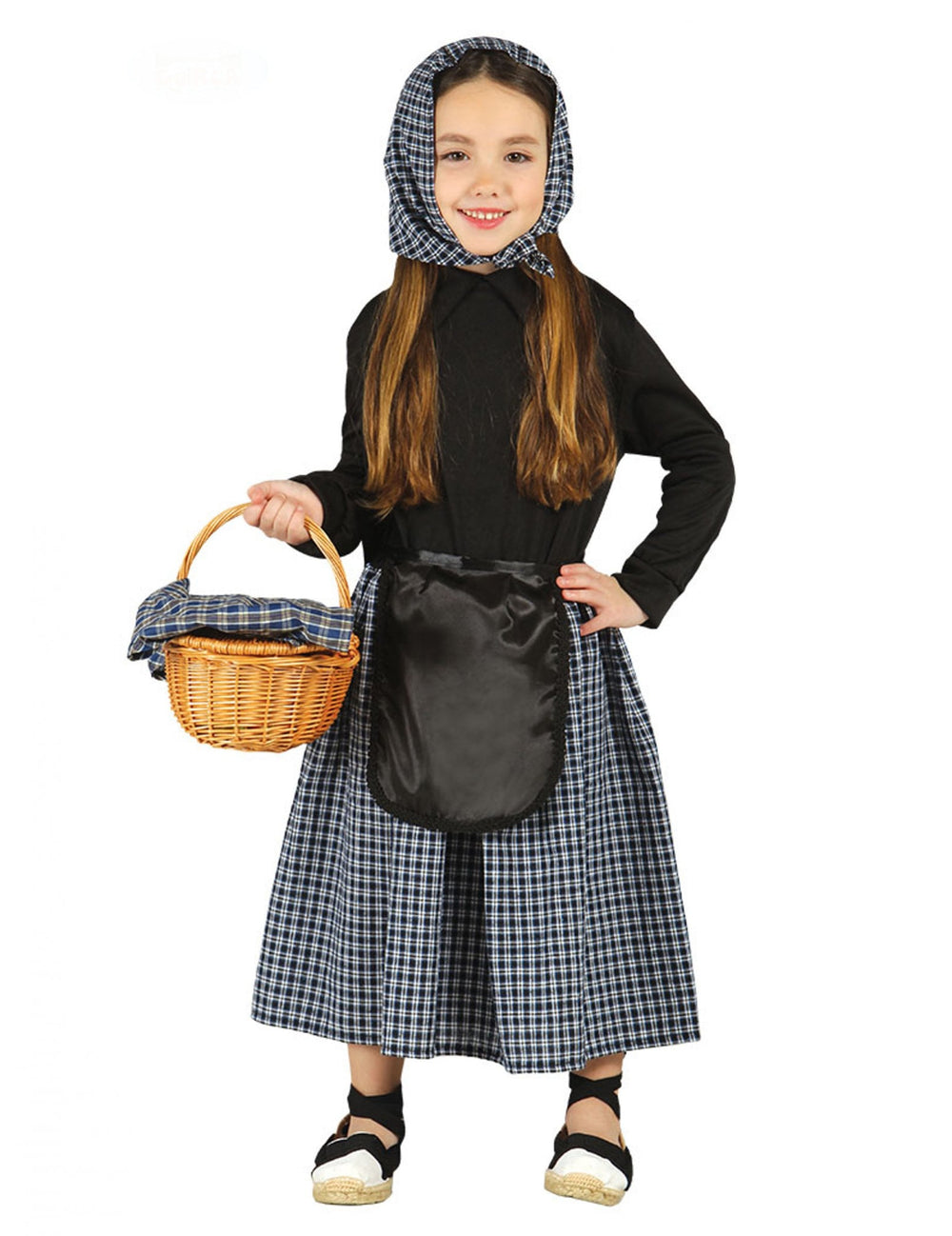 Déguisement de marchande de marrons pour fille noir et bleu à carreaux avec foulard et tablier