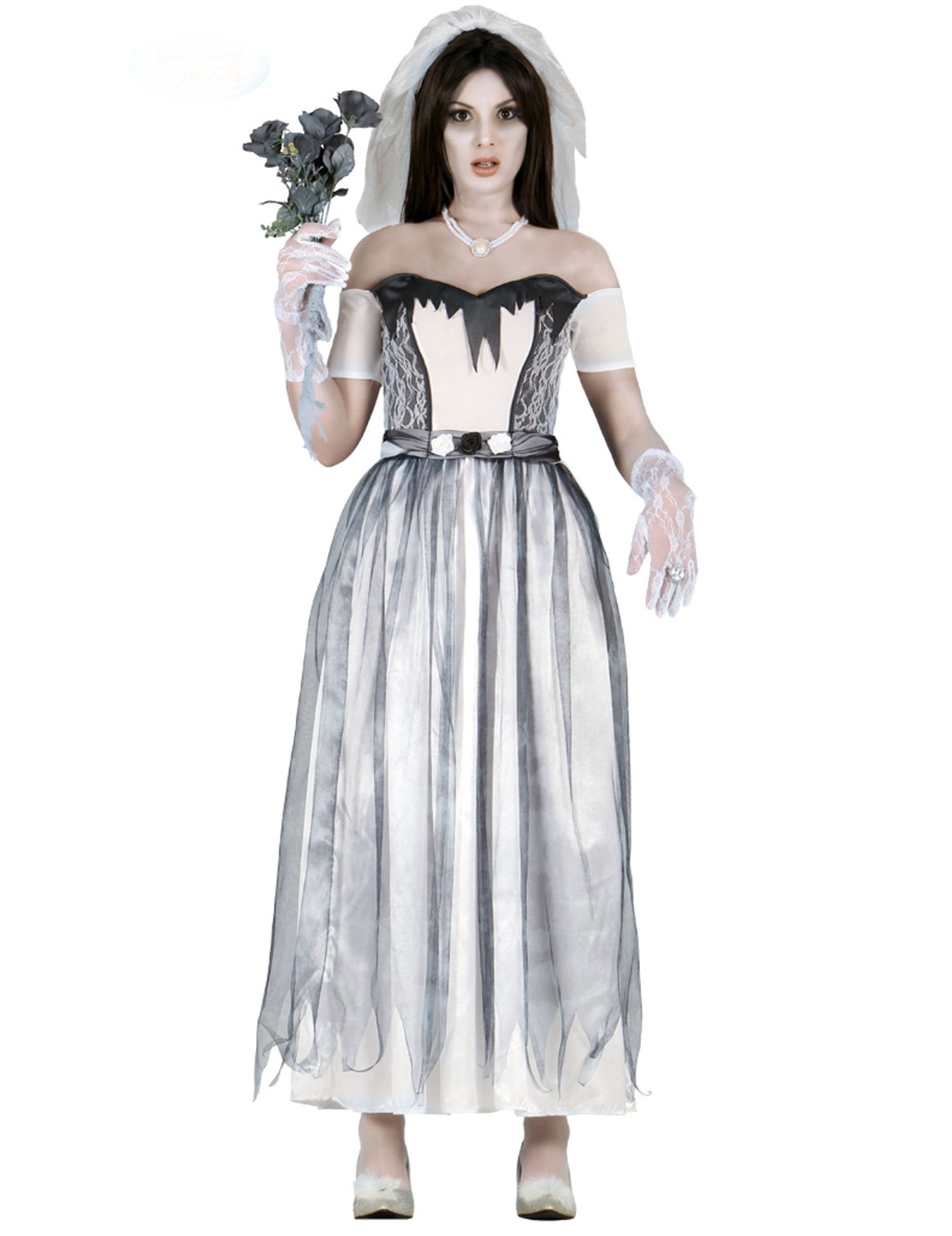 Déguisement de mariée fantôme pour femme blanc et gris avec voile et dentelle