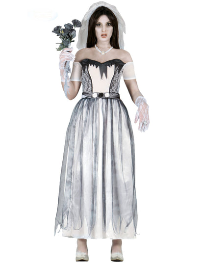 Déguisement de mariée fantôme pour femme blanc et gris avec voile et dentelle