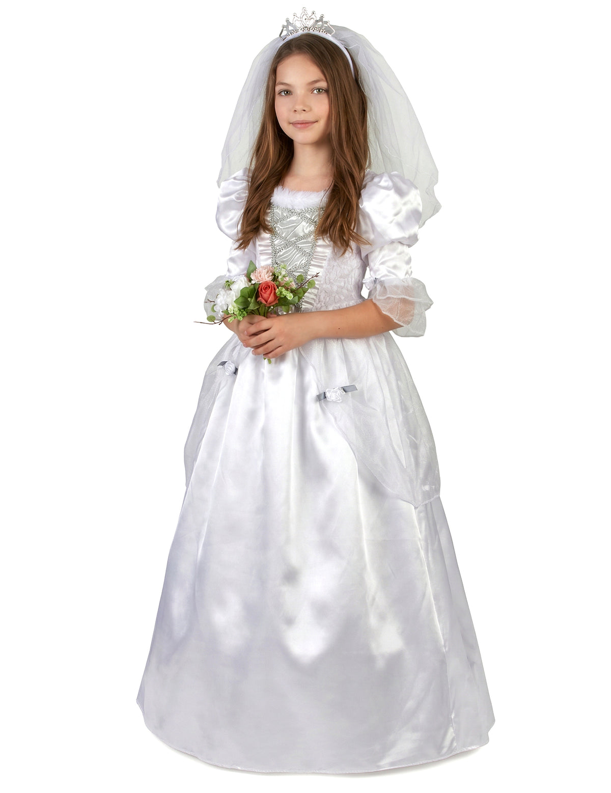 Vue d'ensemble avec bouquet du déguisement de mariée pour fille
