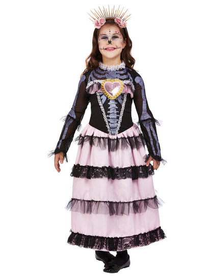 Déguisement de mariée Dia de los muertos pour fille rose et noir avec motifs squelette et dentelle