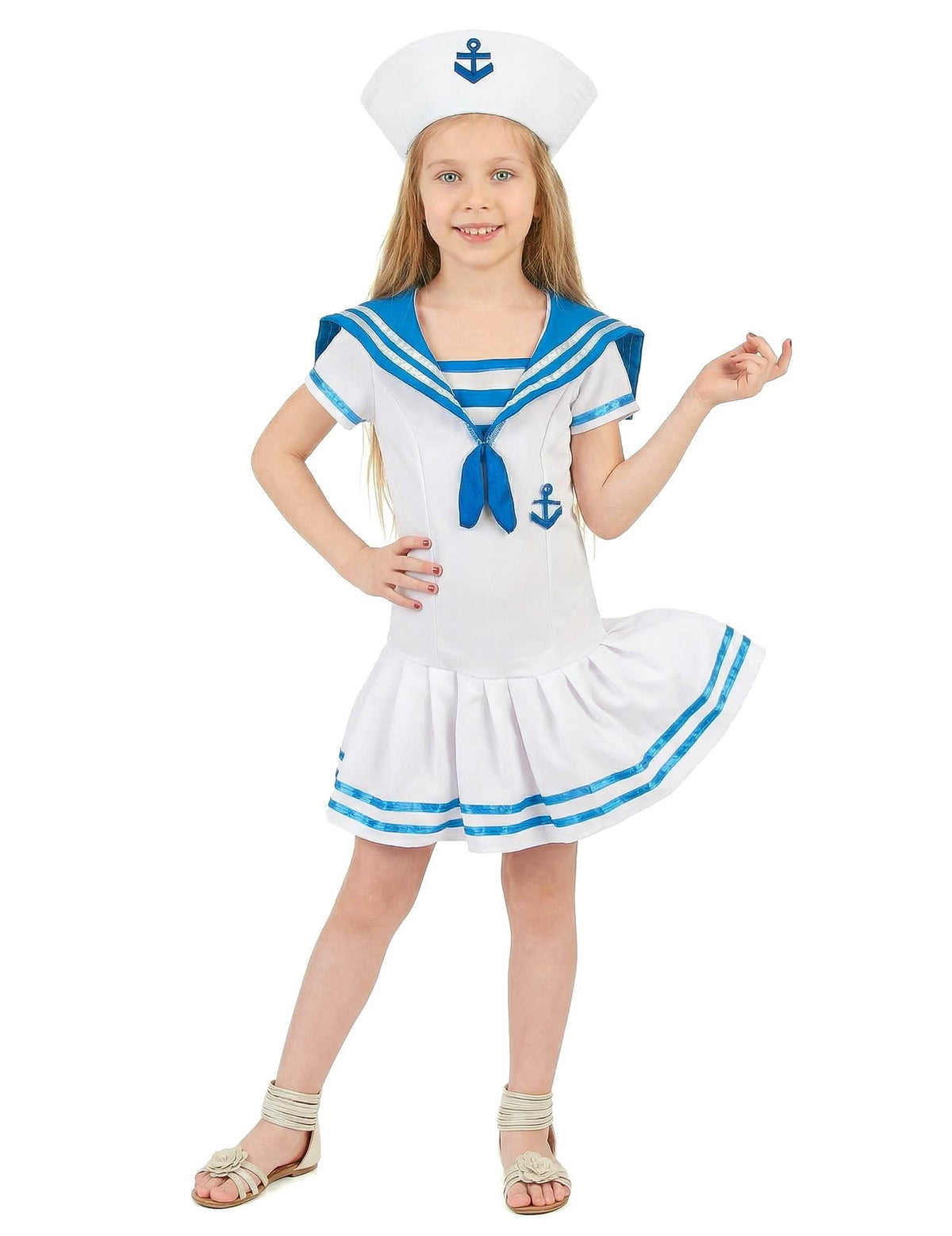 Fato de marin âncora para menina branco e azul com chapéu