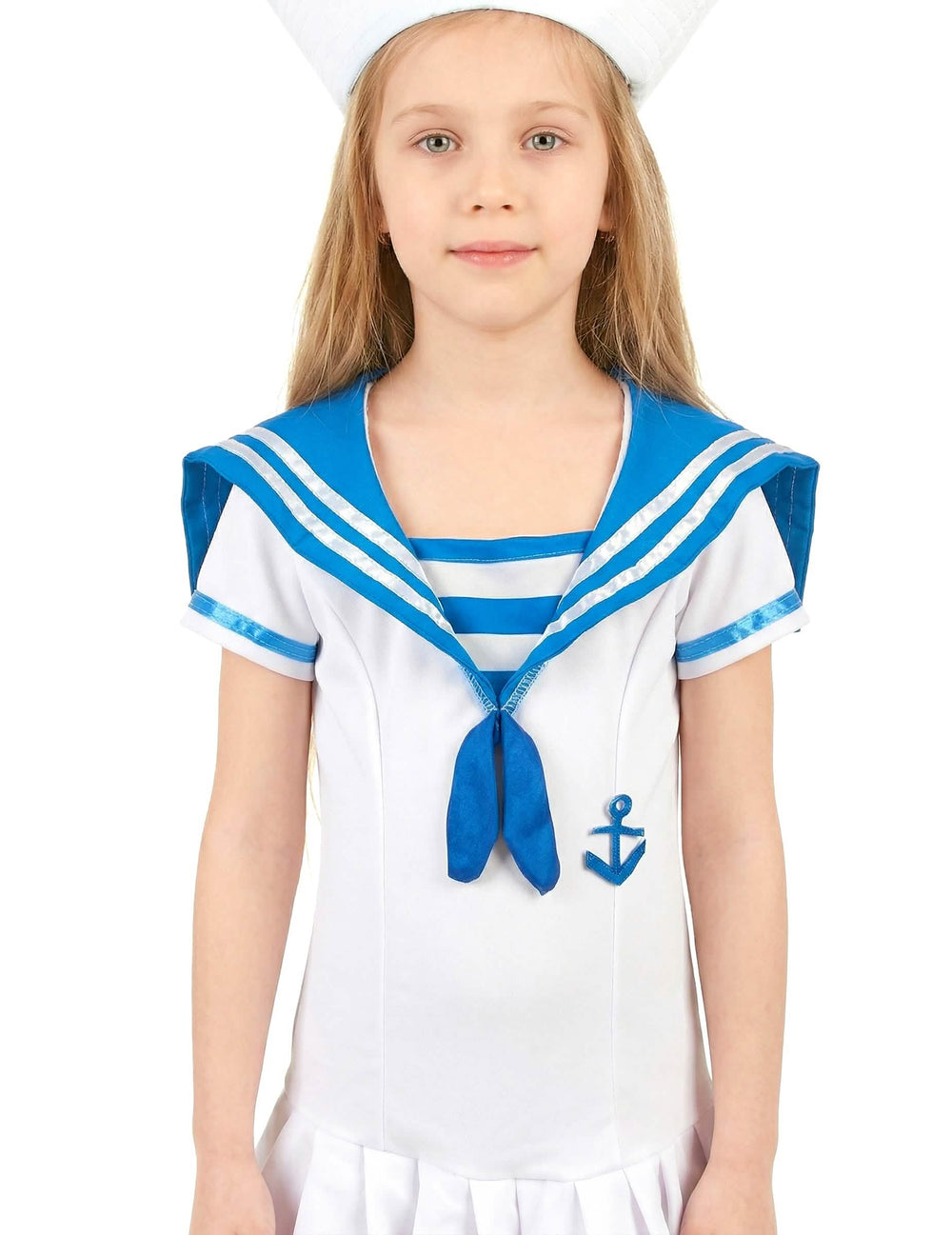Detalhe da gola e da âncora do fato de marinheiro âncora para menina