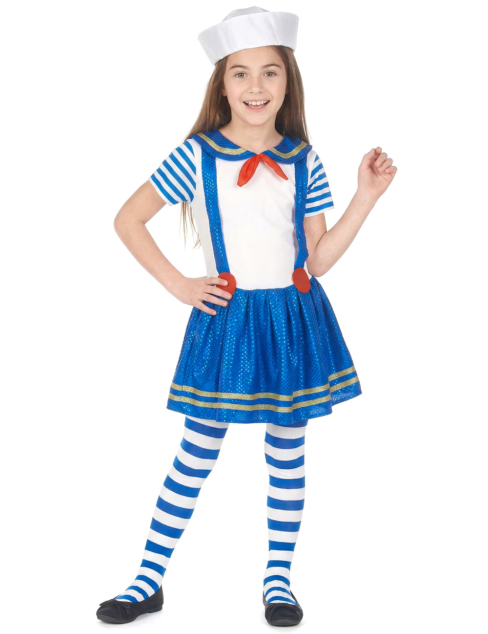 Déguisement marin brillant pour fille bleu et blanc avec chapeau