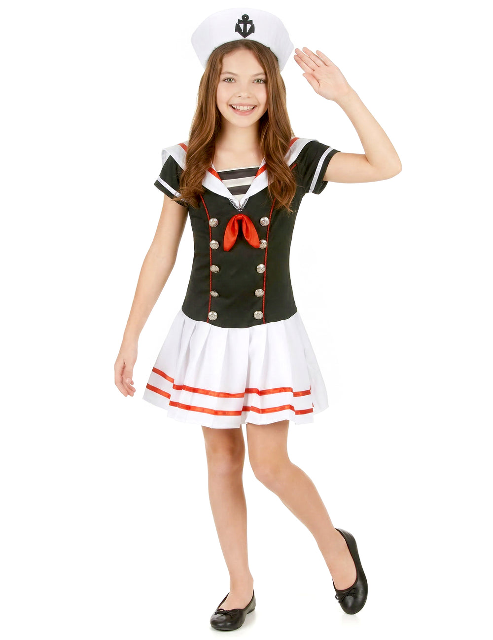 Déguisement marin pour fille noir et blanc avec chapeau et nœud rouge