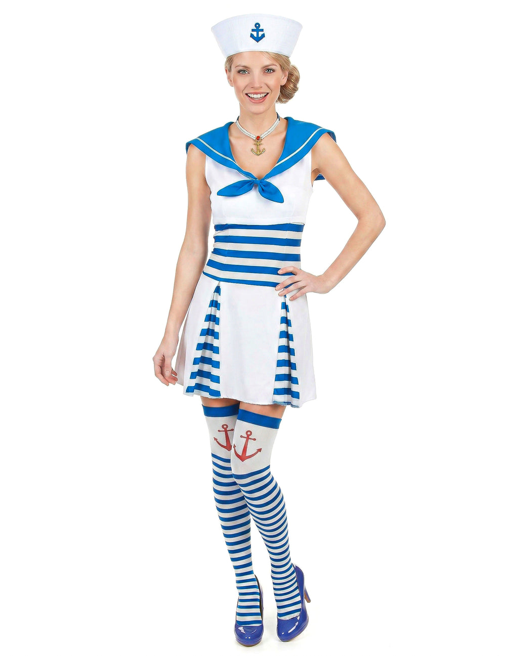 Déguisement de marin pour femme à robe rayée bleu et blanc avec chapeau