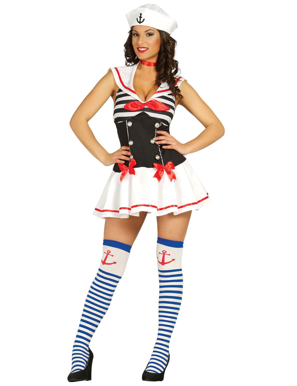 Déguisement de marin sexy pour femme noir et rouge avec toque et bas rayés