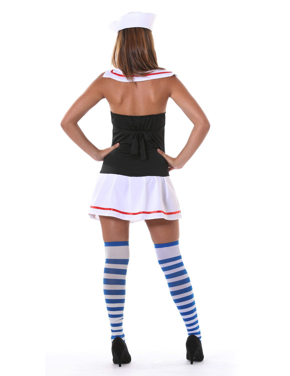 Vue de dos du déguisement de marin sexy pour femme noir et rouge