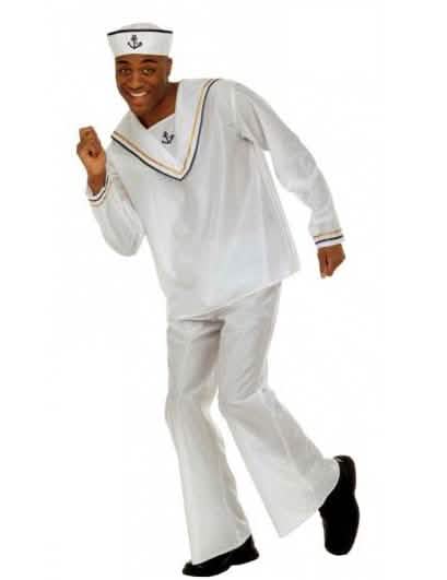 Fato de marin para homem branco com colarinho azul e chapéu a condizer